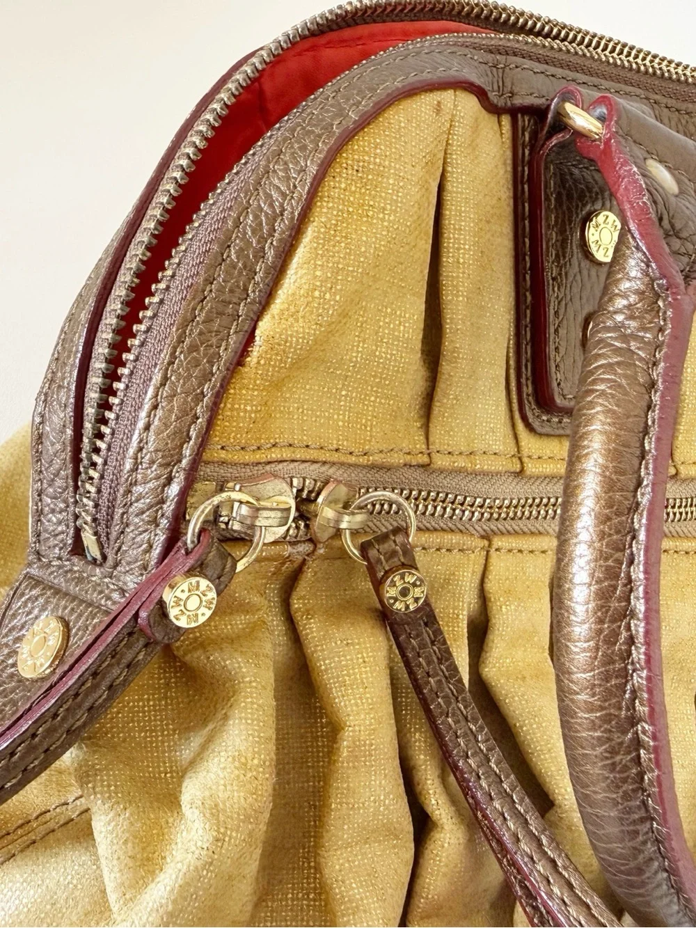MZ Wallace Bag Bedford Bea Leather Pleated Canvas Satchel Metallic Gold - Picture 16 of 16